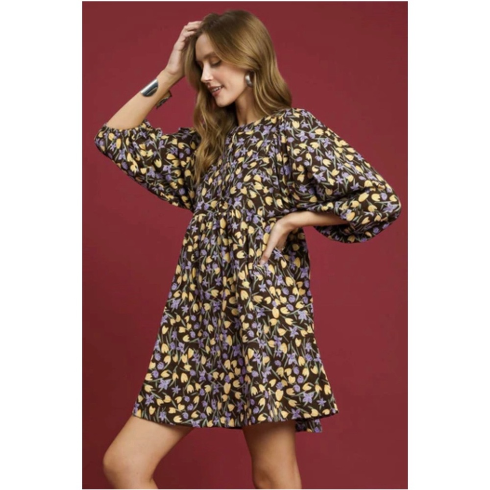 Umgee Corduroy Floral Print Babydoll Mini Dress in Brown M - Picture 2 of 12
